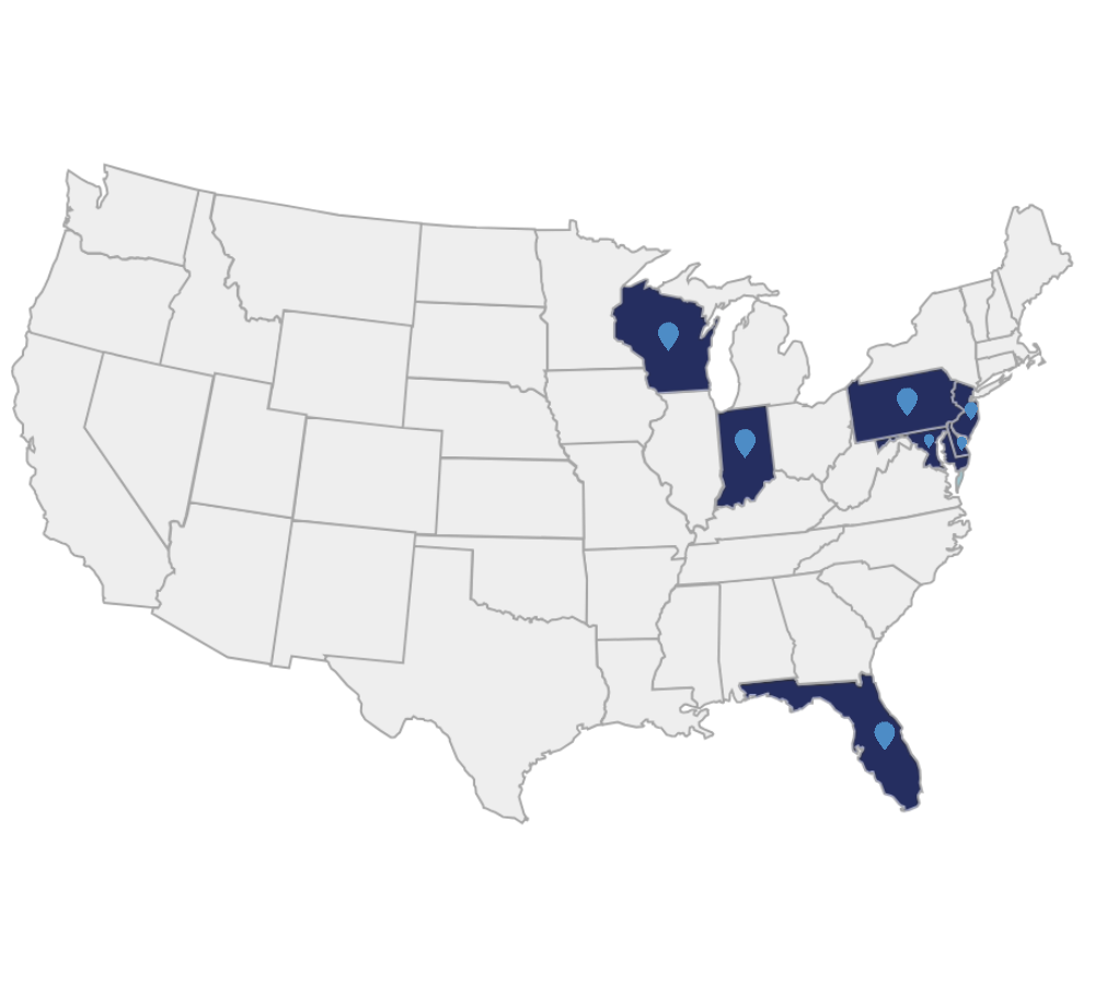 Gray map of the United States with multiple states highlighted